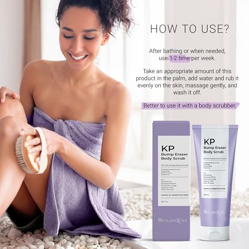 Image of BellamiLuxx KP Bump Eraser Body Scrub: Exfoliating Keratosis Pilaris, Strawberry Skin Treatment - Smooths Rough, Bumpy, Dry Skin on Arms, Legs, Buttocks - KP Scrub Wash Helps Reduce Ingrown Hair Bumps