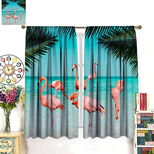 3D Printed Pink Flamingo Curtains,Tropical Theme Plant Animal Ocean Home Décor For Bedroom Living Room,Window Drapes 2 Panel Set For Kitchen Décor,42" X 45" #TOP2