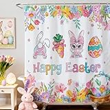 Mocsicka Easter Shower Curtain – Easter Bunny Shower Curtains for Bathroom Cute Spring Eggs Bath Curtain with 12 Hooks, Washable Waterproof (Pink, 71x71inch)