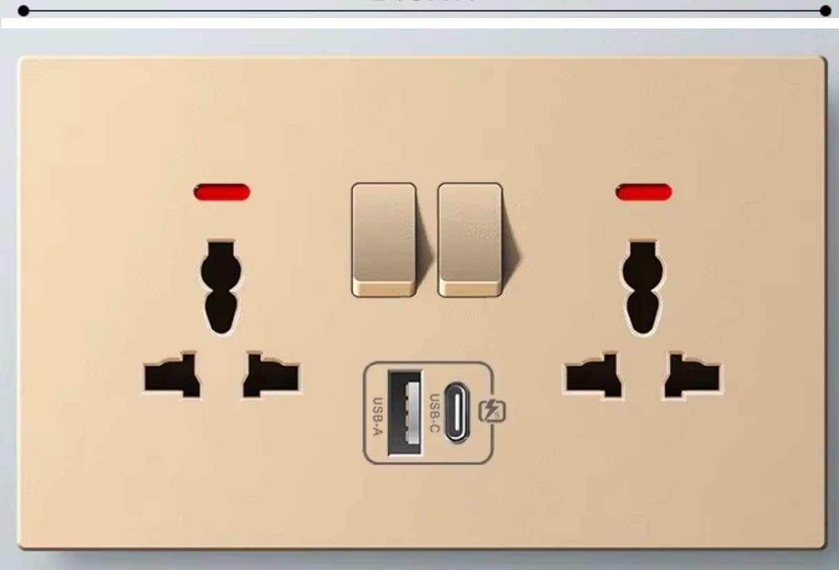 Universal UK, Europe, USA, India 5 Pin Single Double Switch Fast Charging Power Socket Two USB Charging Ports 13 A - Fulinmen (Gold, Double - USB A & C)