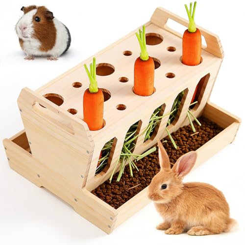 Comedero de madera para heno con soporte para zanahorias (30 x 20 x 18 cm) – Autorellenable para conejillos de indias, conejos, hámsteres, ratones, ratas