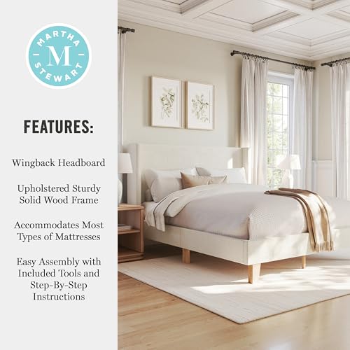 Image of Martha Stewart Maisie Queen Wingback Upholstered Platform Bed, Off-White