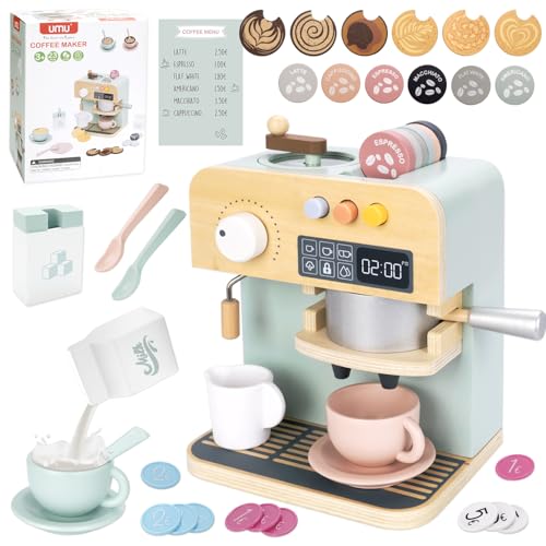 KKSJK Cafetera Juguete Niño, 35 Piezas Juguete Cocina Niños con Máquina de Café de Madera, Menús y Jugar Dinero, Accesorios Cocinita Infantil, Regalos Educativos Juegos de rol para Niñas y Niños 3+
