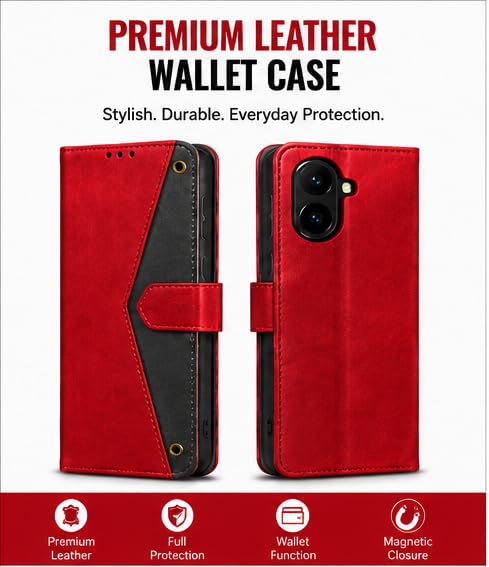 Image of HushLush Premium Flip Cover Compatible for Redmi A7 Pro | Shockproof Wallet Style Protective Case with Card Slots, Magnetic Closure, Stand Function & Full Body Protection (Dual Tone Metallic) (Red)