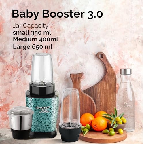 Image of Lesco Mixer Grinder 500W Blender Smoothie Maker with 3 Stainless Steel Jars and Copper Motor, 2 Years Warranty 21000 RPM Fine Grind in 20 secs, Baby Booster, Green