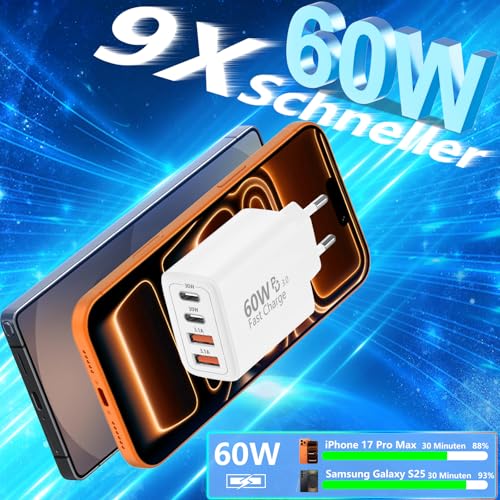 USB C Ladegerät, Rombica 4-Port Mehrfach Ladegerät mit USB-C und USB-A, 60W Schnellladegerät PD3.0 Power Adapter USB Netzteil für iPhone 17 17 Pro Max 16 15 14 13 12 11 XS XR X, iPad, Samsung, Handys