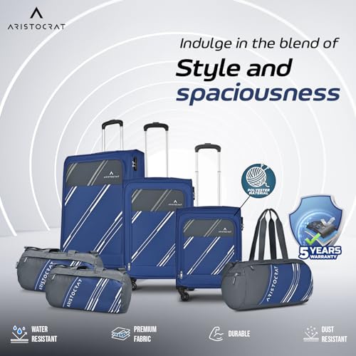Image of Aristocrat Polyester Trigon Hexa Active Luggage Set of 6-3 Trolley Bags (Cabin 55Cm+69Cm+79Cm) & 3 Duffle Bags 52Cm for Travel with 5 Years International Warranty (Navy Blue,Soft,4 Spinner)