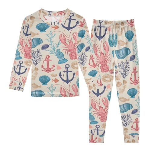 ALAZA Cartoon Lobster Coral Boat Anchor Seashell Pajamas Long Sleeve Sleepwear 2-Piece Pajama Set