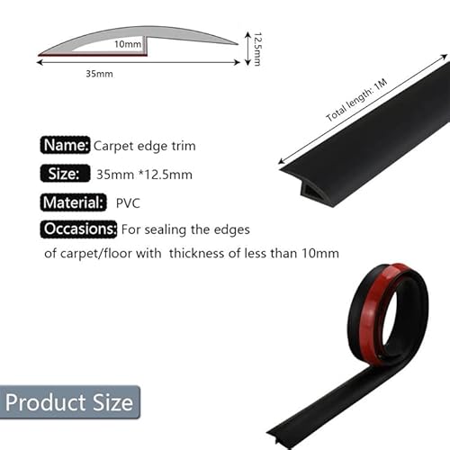 Übergangsprofil für Böden, Schwellenband Selbstklebend, PVC Gummi Schwellenstreifen, Laminatboden, Bodenverbindungsband, Schwellerleisten (Schwarz, 10mm)