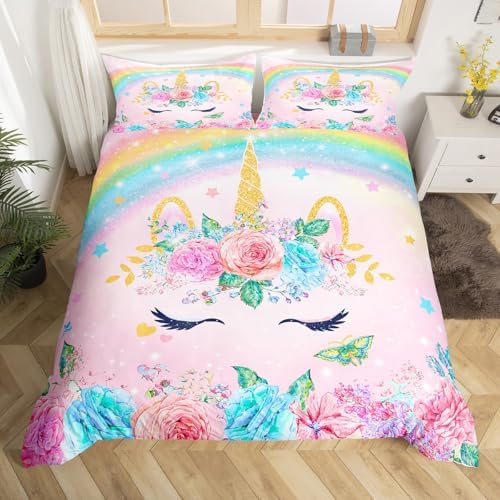 Homemissing Unicorn Bed Linen Set 135 x 200 cm for Children Girls Bedroom Decorations Teenagers 3D Pink Unicorn Rainbow Duvet Cover Set Ultra Soft and Fluffy Flower Bed Linen