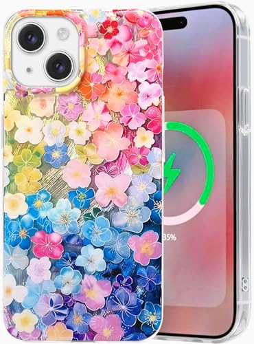 I-MGAE-IN-AR Compact Case for iPhone 15 Plus Case Colorful Iridescent Flower Design,Compatible with MagSafe,iPhone 14 Plus Phone Case for Holographic Glossy Cute，Shockproof Military-Grade Protection
