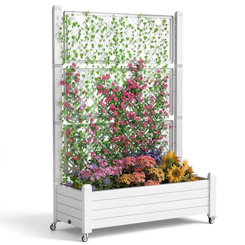 EasyUp Raised Garden Bed with Trellis for Climbing Plants,Outdoor Herb Garden Planter with Drainage Plug and Gauge,Durable Dust-Proof Resin for Garden, Patio, Balcony, and Backyard