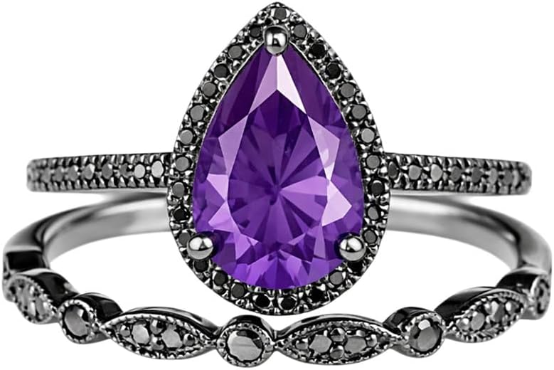 Sterling Silver Amethyst and Lab Diamond Wedding Ring Set for Women, Amethyst Black and Purple Black and Purple Bridal Ring Set for Her Ladies Christmas Engagement Wedding