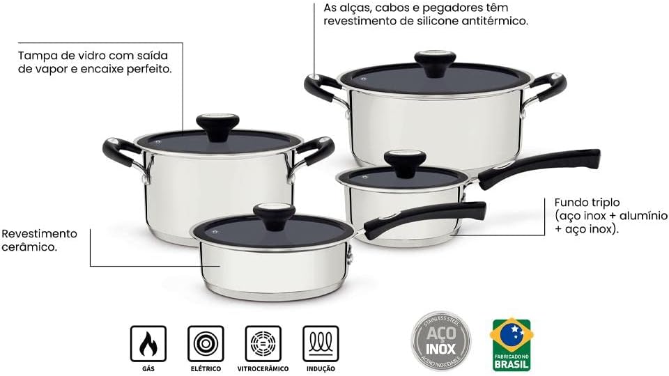 Jogo de Panelas com Revestimento Interno Cermico, Tramontina, Solar 65120026, Inox