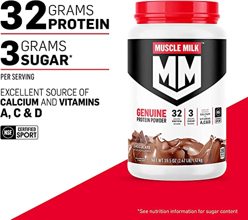 Muscle Milk Genuine Protein Powder, Natural Chocolate, 2.47 Pound, 16 Servings, 32G Protein, 2G Sugar, Calcium, Vitamins A, C & D, Nsf Certified For Sport, Energizing Snack, Packaging May Vary #TOP2