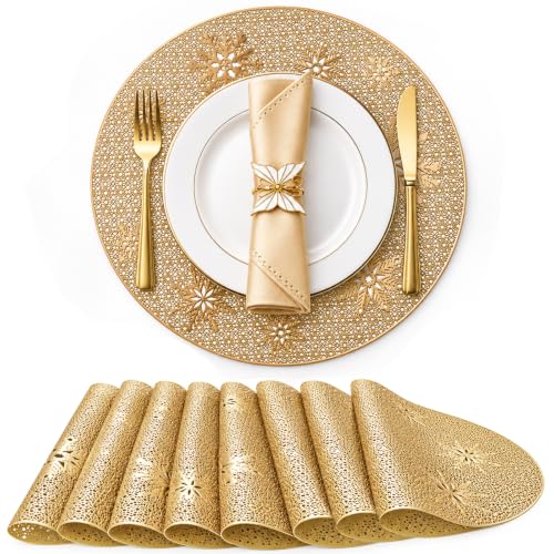 JaneYi Set de 10 Manteles Individuales de Navidad Dorados Redondos PVC | Manteles Individuales Lavables Redondos 38,5 cm con Diseño Calado de Copos de Nieve para Mesa de Comedor y Comidas en Familia