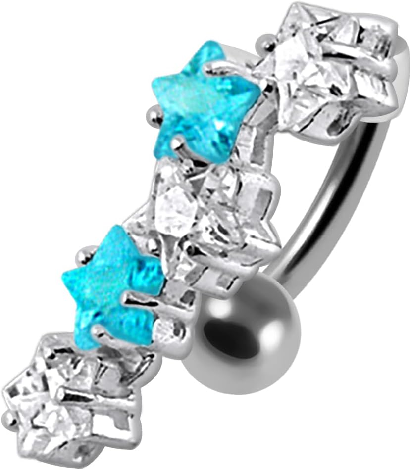 Cz Gemstones Fancy Multi Star Reverse Bar Dangling Design 925 Sterling Silver with Stainless Steel Belly Ring - Belly Button jewelry - Navel jewelry