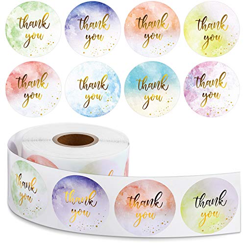 600 Pieces Gold and Watercolor Thank You Roll Stickers, Thank You Adhesive Stickers Business Thank You Roll Stickers Gold Foil Round Stickers for Baby Shower Wedding Bridal Supplies
