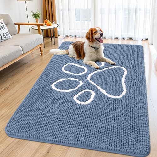 Image of Smiry Dog Door Mat for Muddy Paws, Absorbent Dirt Trapper Non Slip Quick Dry Washable Chenille Mat for Mud Dogs, Entry Rug for Indoor and Outdoor (59x35 Inches, Airy Blue and White)