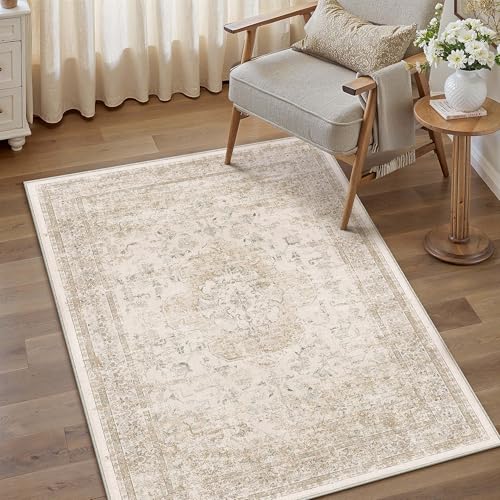 Vintage Teppich Wohnzimmer 80x150cm Beige Schlafzimmer Wohnzimmerteppich Waschbarer Groß Carpet Weich rutschfest Teppiche Esszimmer Büro Kurzflor Tepich Charleston | Beige 80 x 150 cm (Recht