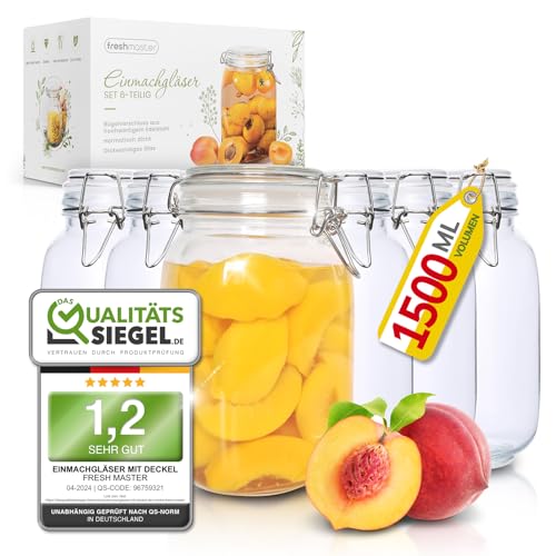 freshmaster Gläser mit Bügelverschluss - Set aus bruchsicherem Glas mit Spezialdichtung und Edelstahl Bügelverschluss - Vorratsgläser Gläser Set (6 x 1500ml) freshmaster Gläser mit Bügelverschluss - Set aus bruchsicherem Glas mit Spezialdichtung und Edelstahl Bügelverschluss - Vorratsgläser Gläser Set (6 x 1500ml)