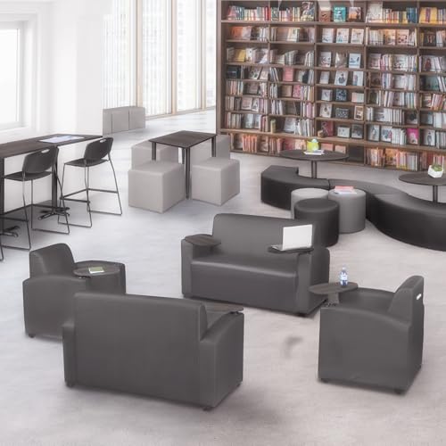 Image of Romig Superstellar Loveseat with 360-Degree Swiveling Tablet Arm, Ash Grey Finish, Grey Vinyl Upholstery, Ergonomic Seating for Offices, Homes, Lounges, or Study Areas