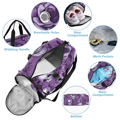 Travel Duffle Bag for Kids Boys Girls Purple Rose Skull Skeleton Sports Bag Overnighter Duffle Sleepover Weekender with Shoes Compartment3