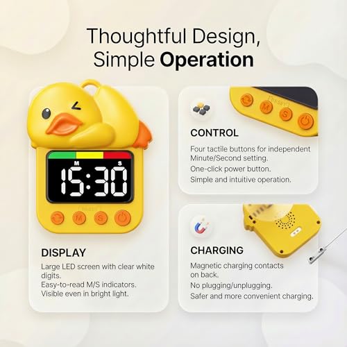 Dolidream Shower Timer Cute Duck Bathroom Toilet Kids Visual Timer | Waterproof Suction Cup for Wall Mount Swim, Rechargeable (Yellow) - image 5
