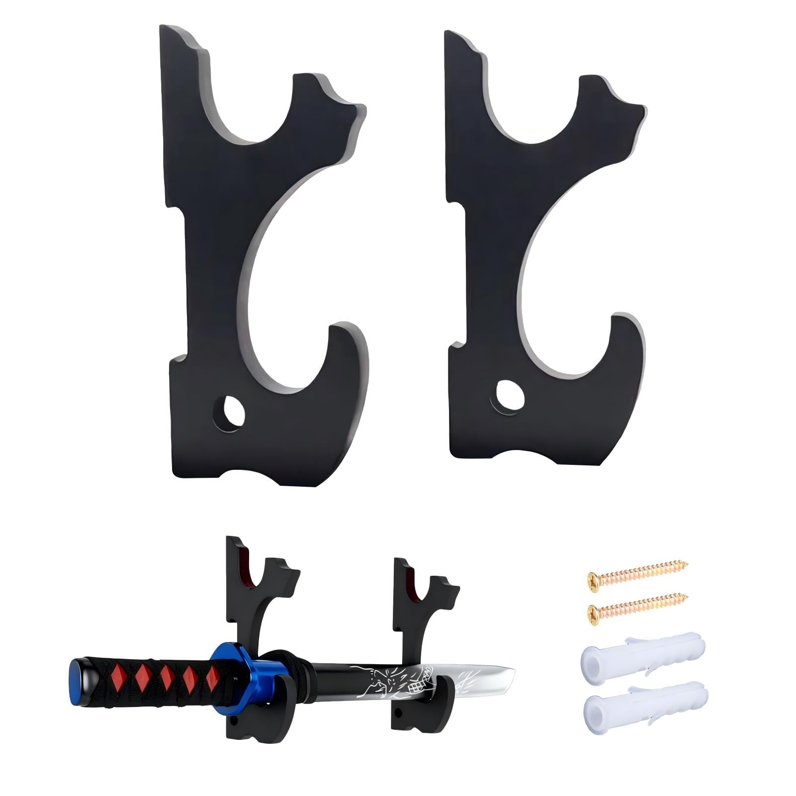 Soporte de Pared para Katana y Espadas Samurai, 2 Niveles Ajustable con Ganchos Acolchados, Exhibidor de Madera Negra