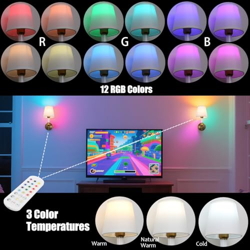 Image of Phansthy Battery Operated Wall Sconce Set of 2, Rechargeable Wall Lights with Dimmable Bulbs and Remote, 12 RGB Colors Wireless Antique Gold Wall Lamps (White Shade, Battery Operated (2 Pack))