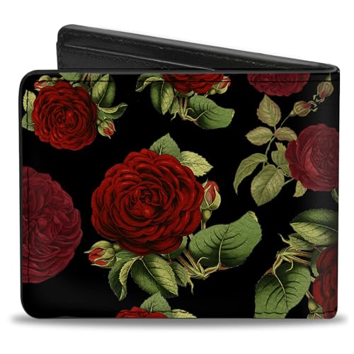 Buckle-Down Men's Wallet, Bifold, Red Rose Blooms Buds Black, Vegan Leather, 4.0" x 3.5"2