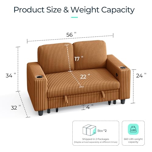 Image of LINSY HOME Loveseat Sofa with Storage - Comfy Plush Corduroy 2 Seater Sofa with USB Charging & Cup Holders, Deep Seat Love Seat for Small Spaces Living Room Bedroom Apartment, Brown