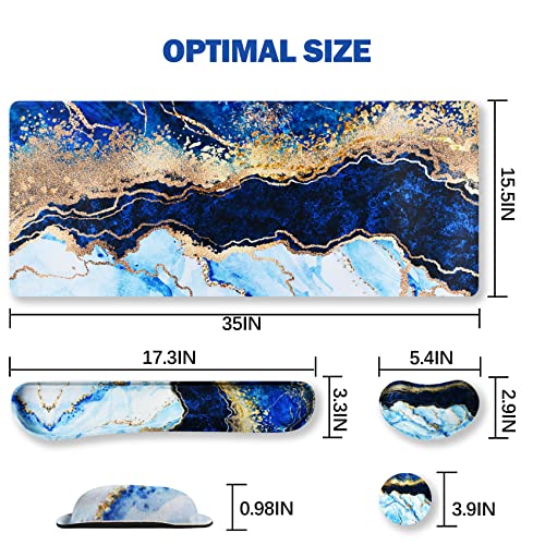Artso Large Gaming Mouse Pad, Keyboard Wrist Rest Pad & Wrist Support Mousepad Set, Stitched Edge, Extended, Non-Slip Base, Memory Foam,Multifunctional Desk Mat 4Pcs For Office & Home, Blue Marble #TOP6