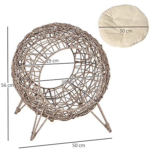 Pawhut-Cama-Cueva-para-Gatos-de-Ratan-Cesta-para-Mascotas-Pequenas-con-Base-Tripode-Cojin-Suave-2-Entradas-Diseno-Elevado-O50x56-cm-Cueva-Marron-y-Cojin-Beige la cesta de ratán es para el mejor descanso de tu mascota