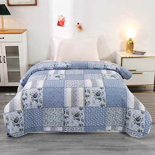 Hounest Single Quilted Bedspread 150x200 cm Lightweight Microfiber Blue Floral Pattern Bedspreads Single Size, All Seasons Sofa Bed Decorative Quilted Throw