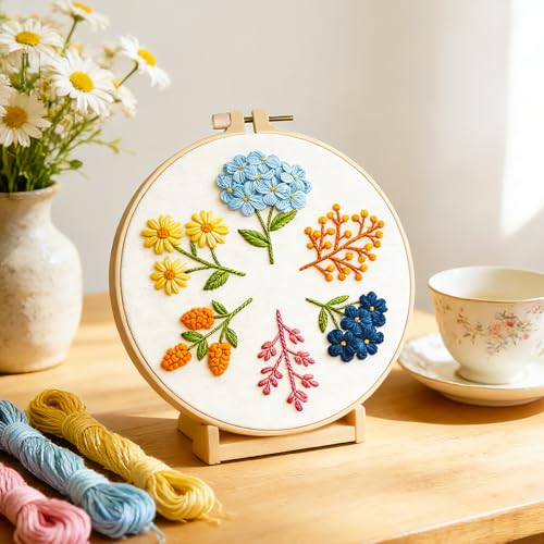 Image of BEUNITONE 6 Pack Beginner Embroidery Kit for Adults, Simple Floral Plants Pre-Stamped Pattern Starter Needlepoint Kits with Hoops & Instruction, Hand Embroidery Kits for Fabric and Home Decor 7.9x7.9