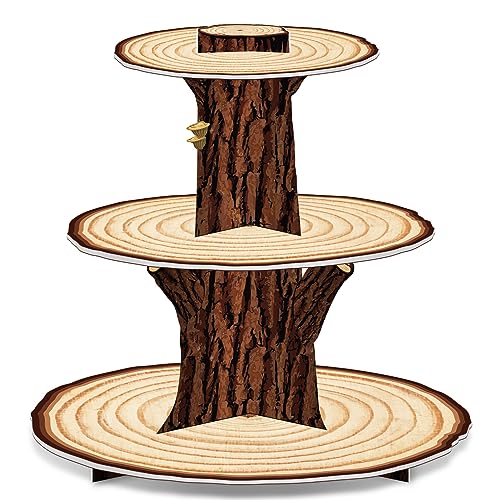 Wooden 3 Tier Cupcake Stand Decoration - Rustic Wood Cupcake Stand Decor for Camping, Birthday, Safari Party Supplies