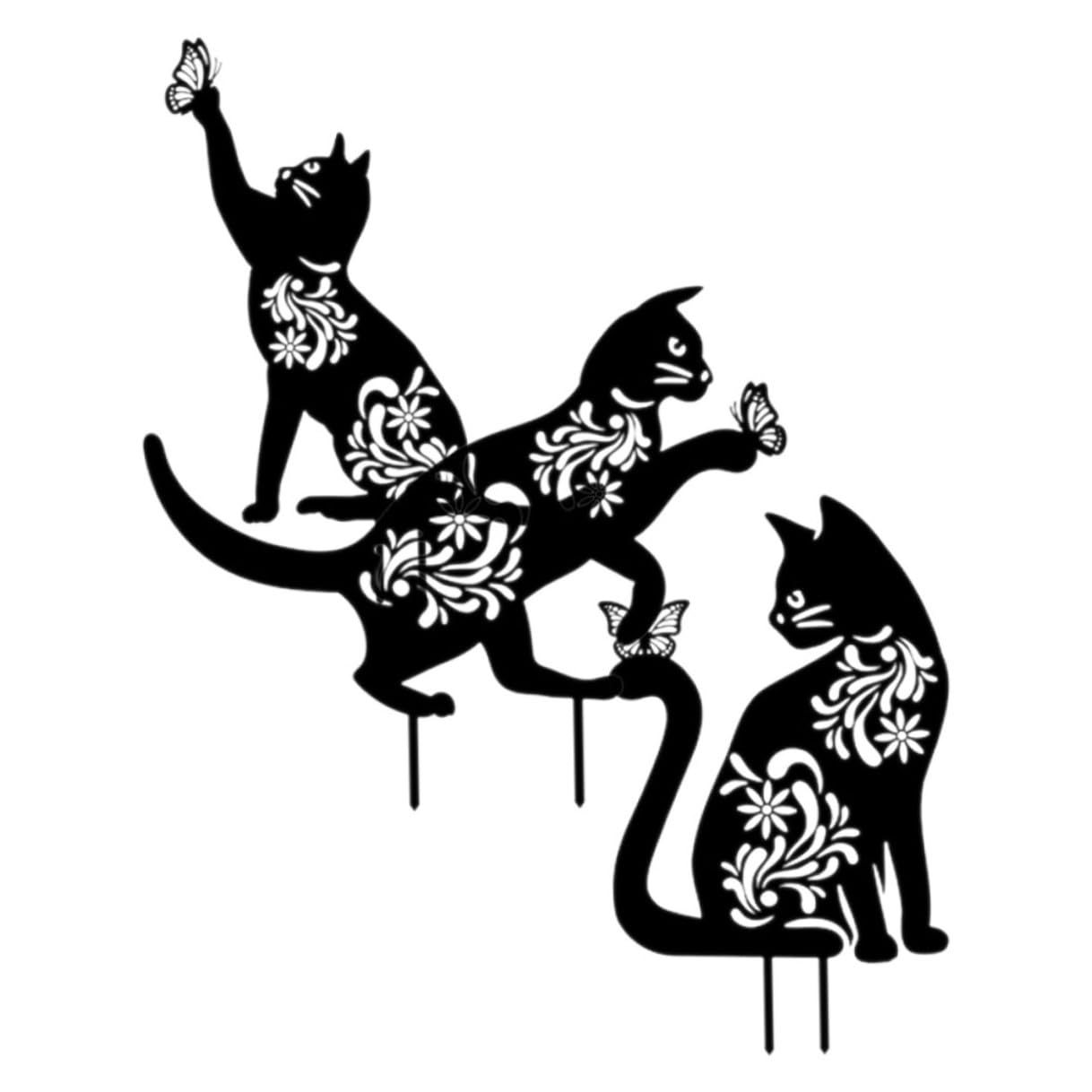 Piquets décoratifs chat en fer noir COLLBATH pour décoration extérieure de pelouse x3