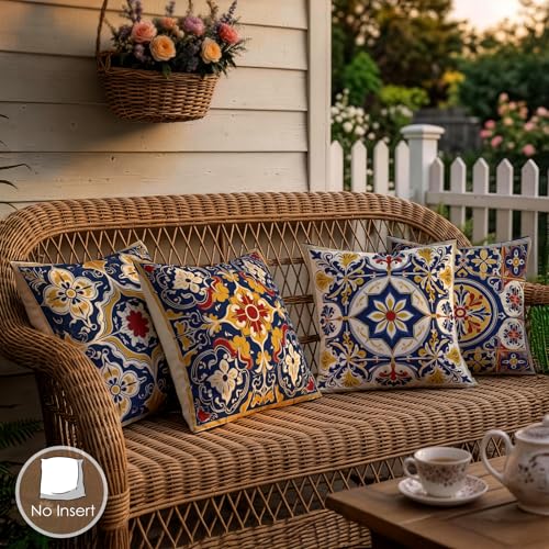 OBSEDE Blue Yellow Mediterranean Tile Throw Pillow Covers 18x18 in Set of 4 by OBSEDE - Used condition - Image 2