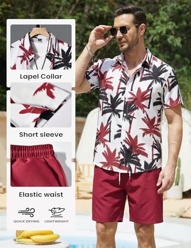 Image of Yimoon Men's Summer 2 Piece Outfits Tropical Print Short Sleeve Button Down Hawaiian Beach Shirt and Shorts Set