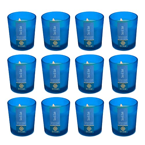 Image of EKAM Sea & Sun Votive Soy Wax Scented Candle, 40 Grams, 10 Hours Burn Time| Long Lasting Premium Candles | Ideal for Home Decor | Gifting & Aromatherapy (Pack of 12)