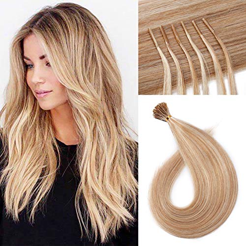 S-noilite 18Inch I Tip Human Hair Extensions Blonde 100 Strands 50g Balayage Pre Bonded Cold Fusion Extensions Soft Straight Real Hair For Women #18/613 Ash Blonde&Bleach Blonde