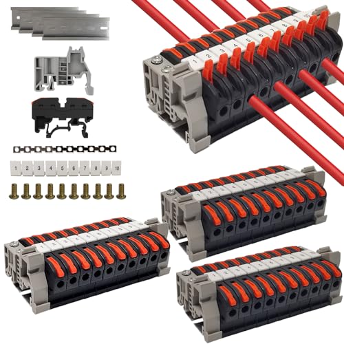 XMSZQU DIN Rail Terminal Block, 40 Positions, 40 Poles, Black, Clamp Connector, Polycarbonat (PC) Material, DIN Rail Mount, 12 AWG Gauge