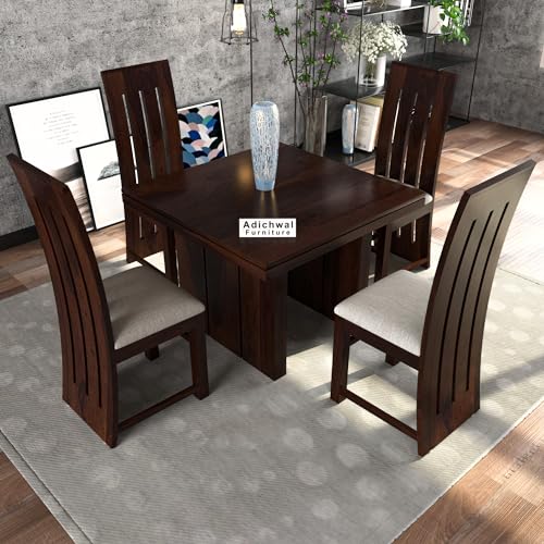 Image of Solid Sheesham Wood 4 Seater Dining Table Set with Cushioned Chairs for Dining Room | Living Room | Home & Office | Hotels Restaurant & Cafe (4 Seater, Walnut H)