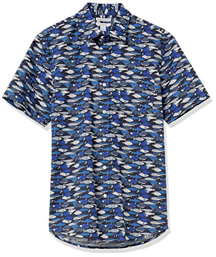 Amazon Essentials Men's Slim-Fit Short-Sleeve Print Shirt, Blue Fish, X-Large #TOP5