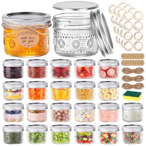 4 oz Small Embossed Mason Jars 24-Pack with Airtight Lids Leakproof