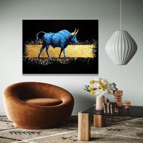 Tableau sur toile Taureau bleu et doré 60x90 cm pour salon - 3