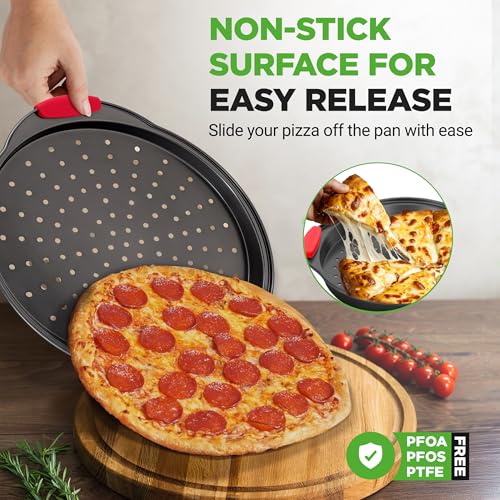 Image of NutriChef Pizza Tray Nonstick Pizza Baking Pan with Perforated Holes, 13-Inch - Round Carbon Steel Premium Bakeware Pizza Screen with Silicone Grip Handles, Dishwasher Safe - Grey