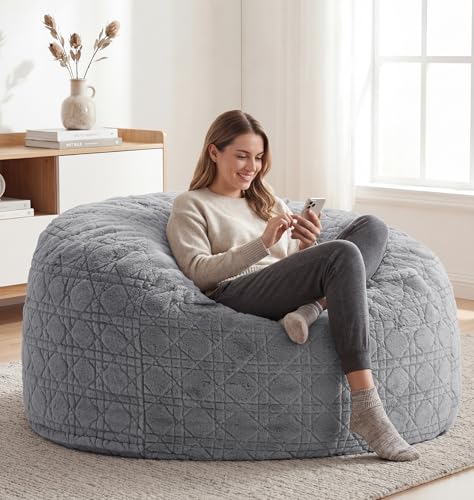 Image of 4FT Bean Bag Chair Bean Bags for Adults Large Bean Bag Beanbag Chair with Washable Cover Quilted Plush Fluffy Bean Bags Memory Foam Bean Bag Chairs Pocket Handle Bedrooms Living Room Office(Grey)