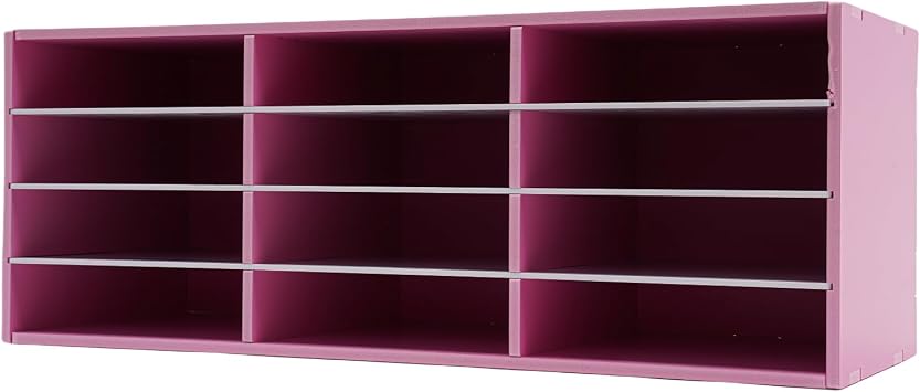 Mail Sorter, 12 Compartments Paper Organizer Storage, Wood Literature Organizer, Mailbox for Classroom, File Sorter for Home Library Office Pink